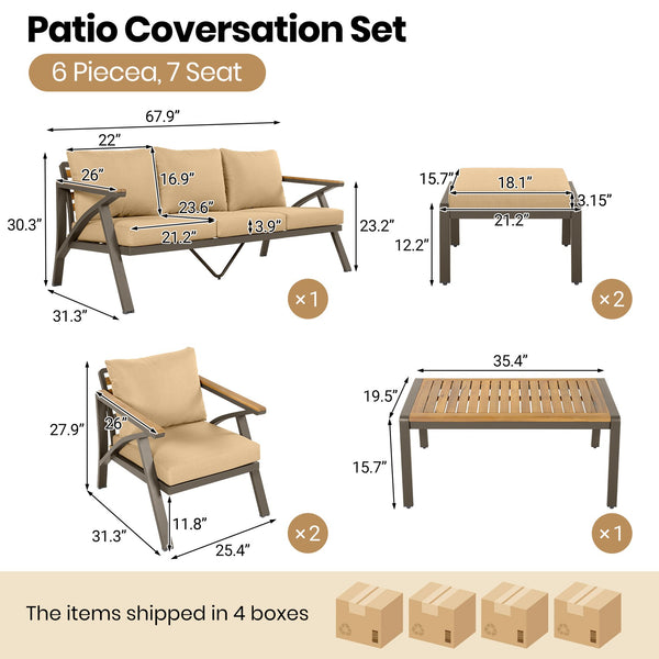 English Elm 6-piece Outdoor Conversation Set with Acacia Wood Accents and Steel Frame Patio Seating Brown N704G201256D