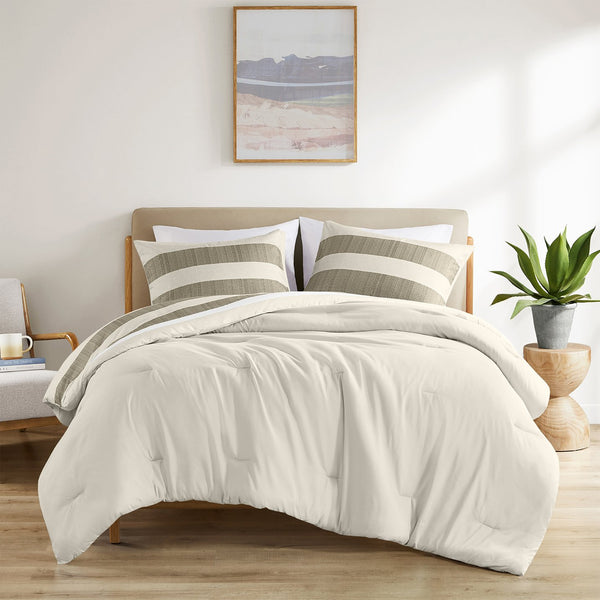 JLA Home Regency Heights - Stripe Seersucker Comforter Set with Reversible Striped and Botanical Prints, Lightweight Oeko-Tex Certified Neutral RH10-0017