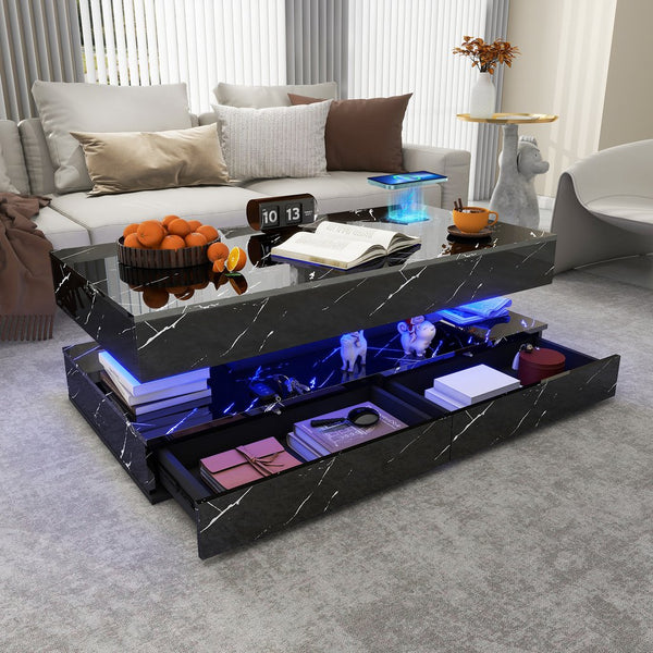 English Elm Coffee Table with Led Lighting Bluetooth Speaker Wireless Charging and Faux Marble Top T3773P415728