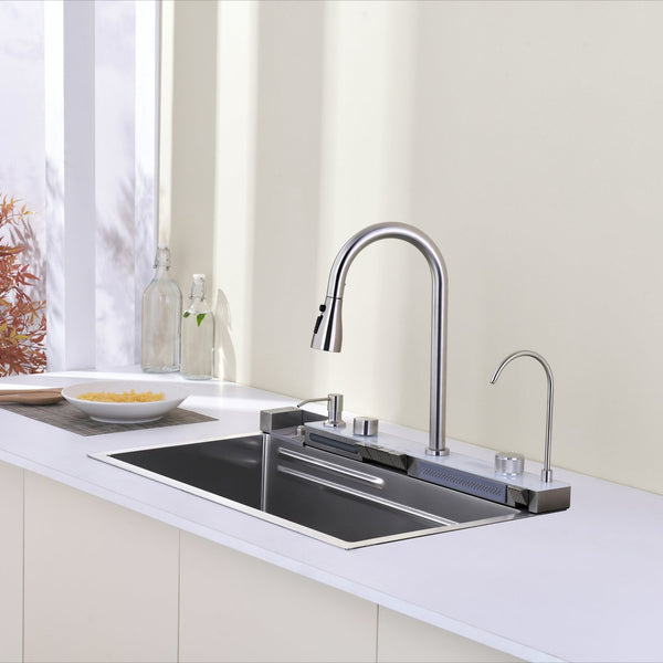 English Elm Pull-out Faucet Stainless Steel Kitchen Sink with Waterfall Spout and Digital Temp Display T3177P370631