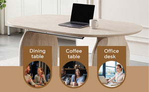 English Elm Wood Extendable Dining Table - Modern Oval MDF Top with Dual Pillar Legs, Space-Saving, Durable Versatile Gatherings and Home Office Use W3590S00002