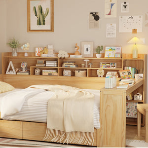English Elm Wooden Twin Daybed with Trundle Built-in Desk and Open Shelves for Kids Rooms N733S373381M