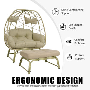 English Elm Double Wicker Egg Chair with Ottoman Bohemian Rattan Outdoor Lounge for Patio T5880P501480