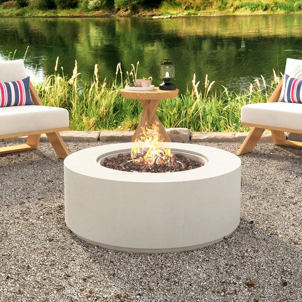 English Elm U_style Round Mgo Propane Fire Pit 50000 Btu Sculptural Outdoor Patio Table with Lava Rocks Beige N711P410554A