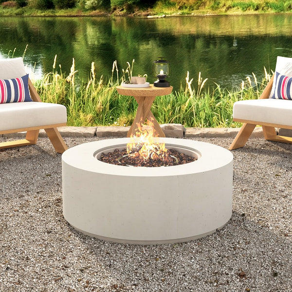 English Elm U_style Round Mgo Propane Fire Pit 50000 Btu Sculptural Outdoor Patio Table with Lava Rocks Beige N711P410554A