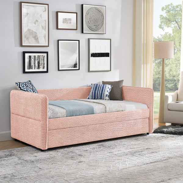 English Elm Daybed Boucle Upholstered Tufted Twin Trundle Sofa for Guest Bedroom Studio Lounge Pink W1413S00172