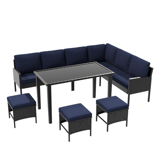 English Elm Small Space Outdoor Wicker Dining Set with Tempered Glass Table and Cushioned Seating W2071P281587