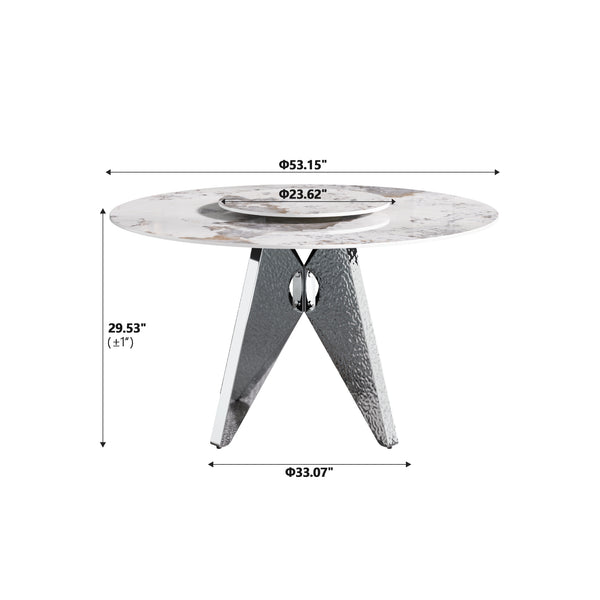 English Elm 53" Round Marble Dining Table With Silver Stainless Steel Base And Lazy Susan For 6 People, White W1535S00462