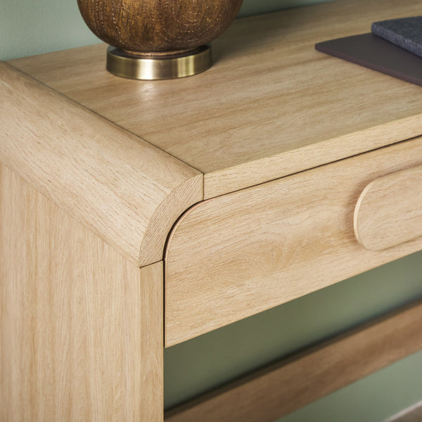 English Elm Walker Edison - Modern Curved Waterfall Desk with Drawers and Rounded Edge Design, Durable MDF Surface, Stylish Statement Pulls Oak 49 L x 24 W x 6.63 H B185P200199