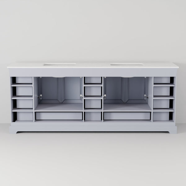 English Elm Dark Grey Double Bath Vanity 84" W x 22" D with White Quartz Top, 14 Drawers, Soft-Close, Faucet (98) B2731P258427