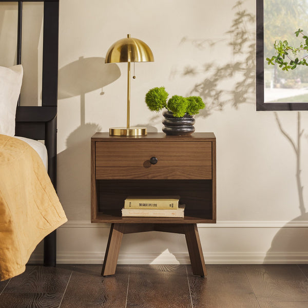 English Elm Walker Edison - Mid-Century minimalist 1-drawer nightstand with open cubby, warp-resistant MDF, sleek metal glides and hardware ideal for bedrooms Coffee 23.25 L x 14.75 W x 6.68 H B185P168891