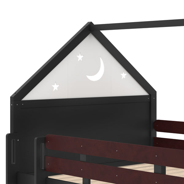 English Elm Full Size Pine Loft Bed House Frame with Slide Bookshelves and Moon Star Rails W1580S00314