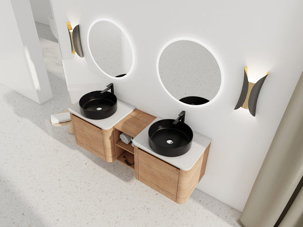 English Elm 60'' Wall-Mounted Bathroom Vanity With Elegant Ceramic Art Sink & Soft-Close Door For Modern Spaces W999S00411