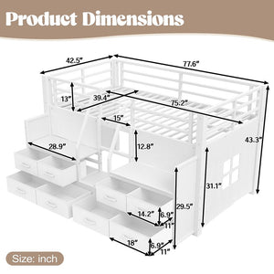 English Elm Twin Low Loft Bed with Shelves Fabric Drawers and Under Bed Study Nook Metal Frame Light White W5305S00042