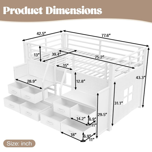 English Elm Twin Low Loft Bed with Shelves Fabric Drawers and Under Bed Study Nook Metal Frame Light White W5305S00042