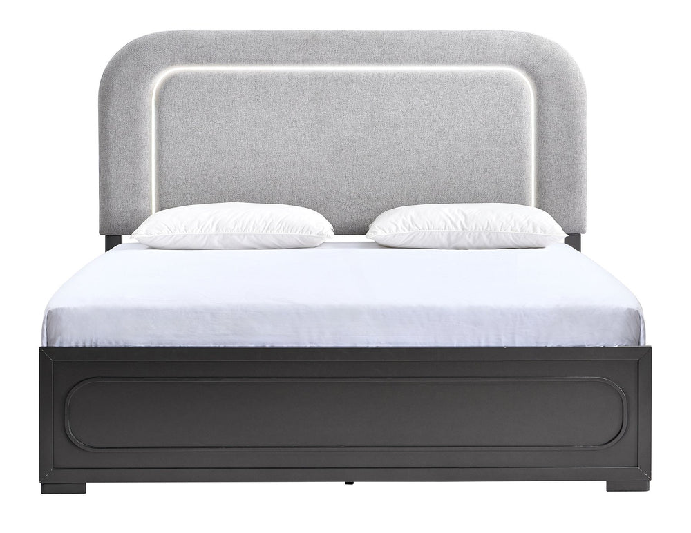 English Elm Wave King Bed Upholstered Fabric Headboard with Led Accents and Wenge Wood Frame B078S00703