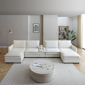 English Elm 140" U Shaped Chenille Sectional Sofa 6-Seater with Movable Ottoman, Deep 25" Seats & Adjustable Backrest W1117S00139