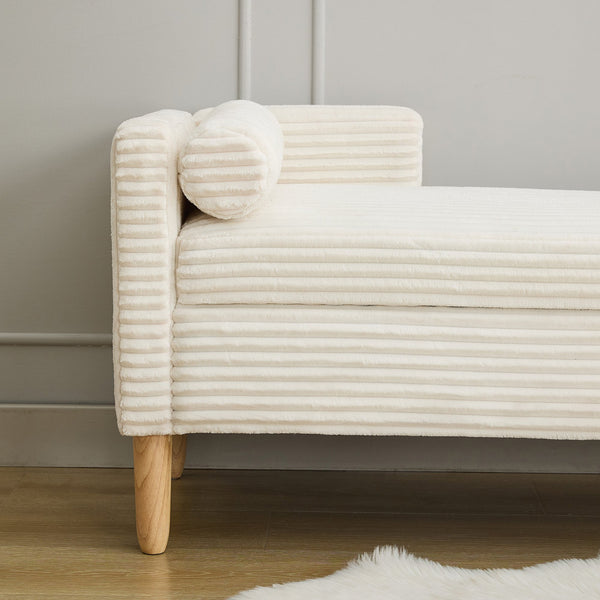 English Elm 65.35"wide Corduroy Storage Bench with Flip Top Bolster Pillows and Padded Backrest Ivory W3118P410499