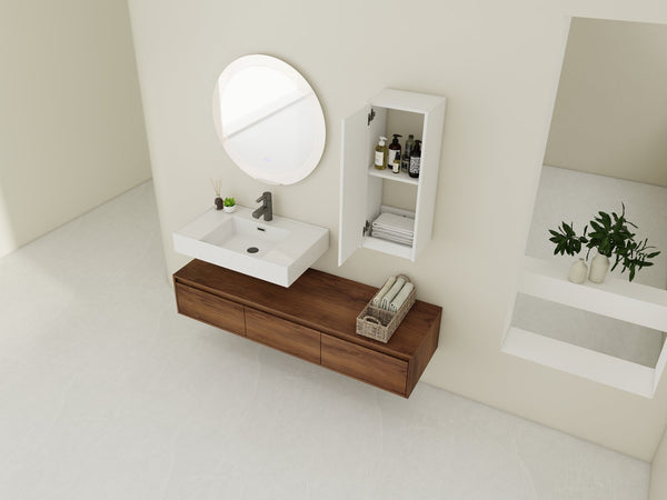 English Elm 60 Inch Wall-Mounted Bathroom Vanity Set With Resin Sink, Soft-Close Drawers, And Side Cabinet Space W999S00284