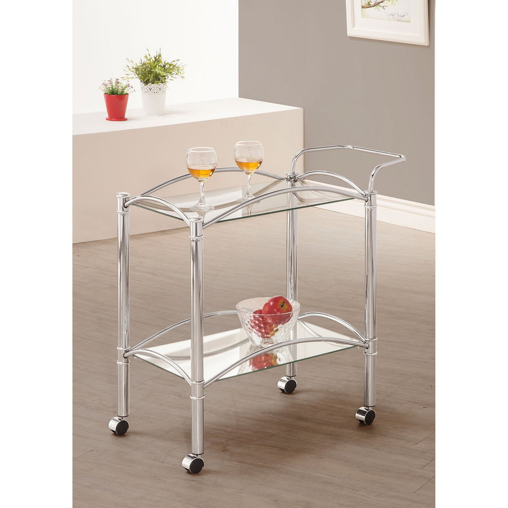 English Elm Porch Chrome 2-Tier Rectangular Glass Shelf Metal Bar Cart with Casters, Sleek Reflective Modern Style B062P328697