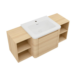 English Elm 48'' Wall-Mounted Bathroom Vanity With Sleek White Sink, Open Shelves, Soft-Close Door & Modern Design W999S00485