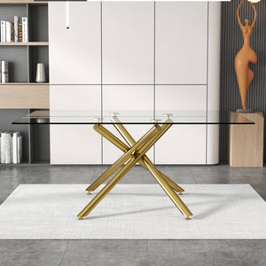 English Elm Large Rectangular Glass Dining Table For 4-8 People, Modern Design With Gold Metal Legs & Durability W1151S03180