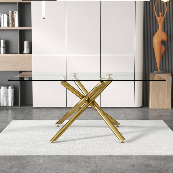 English Elm Large Rectangular Glass Dining Table For 4-8 People, Modern Design With Gold Metal Legs & Durability W1151S03180