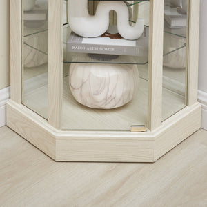 English Elm Lighted Corner Curio Cabinet With Adjustable Shelves, Elegant Carved Design & Integrated Lighting - White W1758P300128