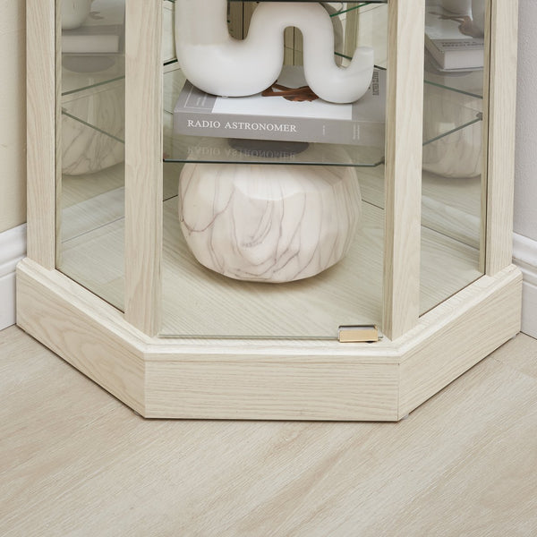 English Elm Lighted Corner Curio Cabinet With Adjustable Shelves, Elegant Carved Design & Integrated Lighting - White W1758P300128