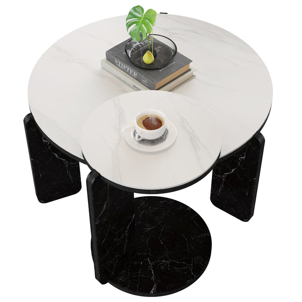 English Elm Set of 2 Round Sintered Stone Nesting Tables Sleek Modern Accent for Living Rooms W2899P405896