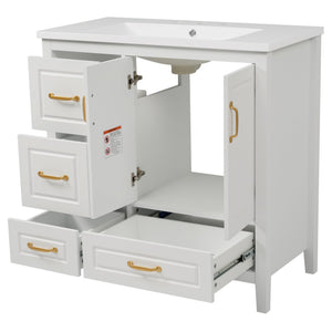 English Elm Christopher Knight Home® - 36" Freestanding Bathroom Vanity with Resin Sink, Soft-Close Doors & Drawers, Gold Alloy Handles, Spacious Storage and Easy Plumbing Access White N759P292552K