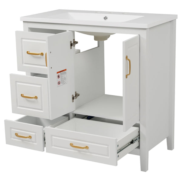 English Elm Christopher Knight Home® - 36" Freestanding Bathroom Vanity with Resin Sink, Soft-Close Doors & Drawers, Gold Alloy Handles, Spacious Storage and Easy Plumbing Access White N759P292552K