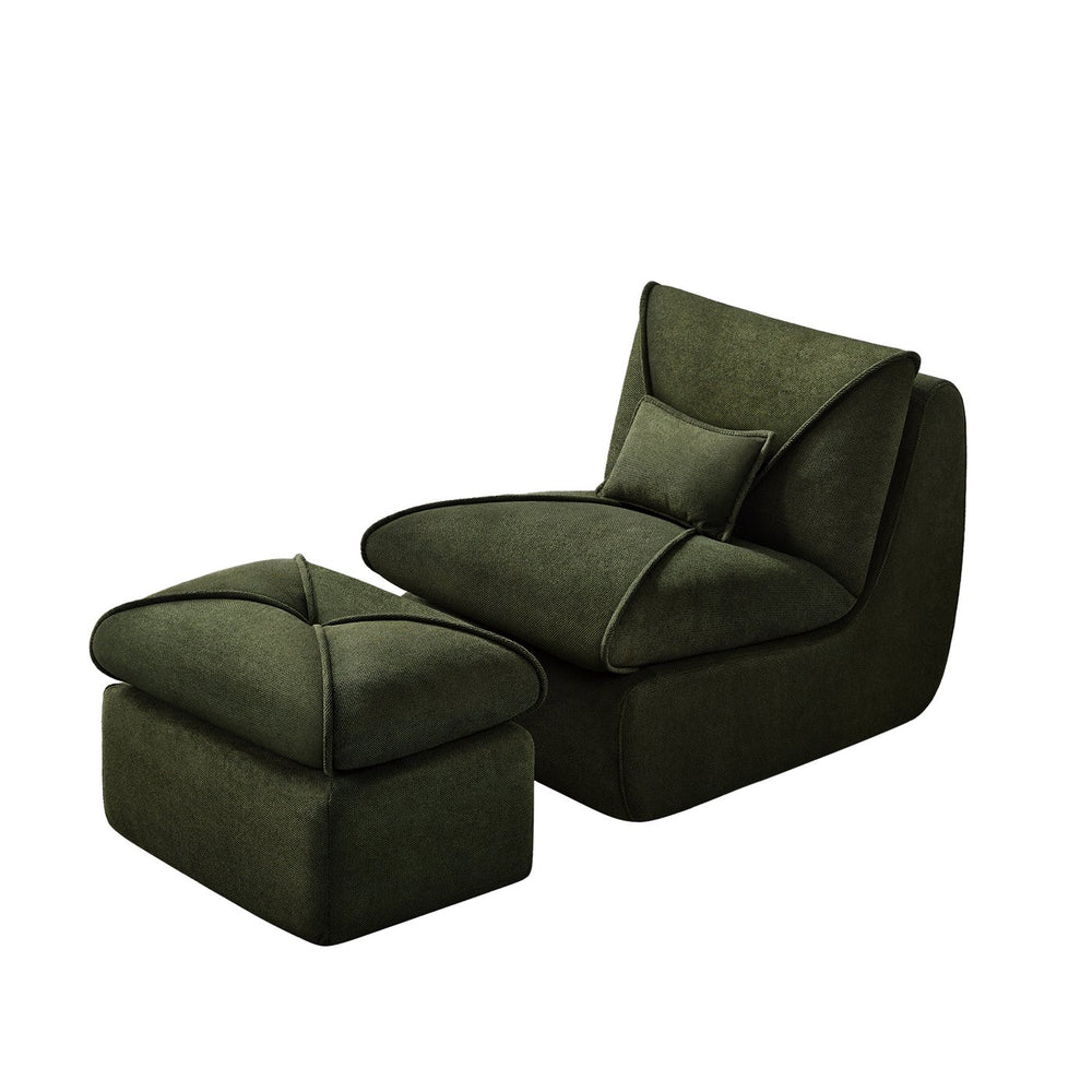 English Elm Compressed Lounge Chair with Ottoman - Space-Saving Chenille Upholstered Sofa, High-Density Foam Comfort Green W1036P251828