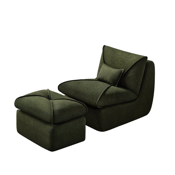 English Elm Compressed Lounge Chair with Ottoman - Space-Saving Chenille Upholstered Sofa, High-Density Foam Comfort Green W1036P251828