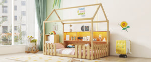 English Elm Twin House Bed with LED Light and Built-In Bookshelf, Solid Wood Playhouse Design for Kids Safety Natural 78.15 L x 15.75 W x 6.1 H W2593P269092