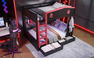 English Elm Twin Xl Solid Pine Loft Bed with Built-in Led Lighting and Storage Shelves W1580S00391
