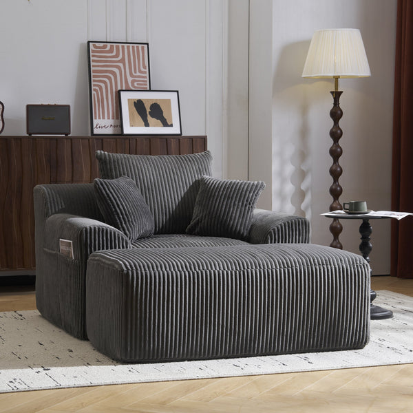 English Elm Oversized corduroy chaise lounge with ottoman, plush boneless sofa, ergonomic pillows for relaxing comfort Grey W1901P278403