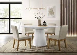 English Elm Jacopo Round Pedestal Dining Set Seats Four with Beige Upholstered Chairs Modern White B2749S00004