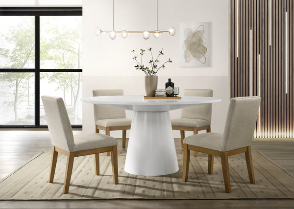 English Elm Jacopo Round Pedestal Dining Set Seats Four with Beige Upholstered Chairs Modern White B2749S00004