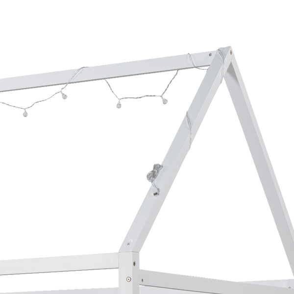 English Elm Wood Twin Size House Bed with Guardrail, Built-In LED Lights, Sturdy Pine Frame for Safe Sleep N709P177522K