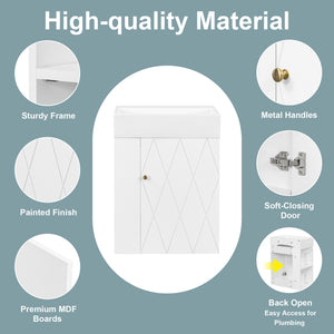 English Elm 20 Modern Wall-Mounted Bathroom Vanity with Ceramic Sink, Diamond Door, Gold Handles & Shelves — Compact White N725P314033K