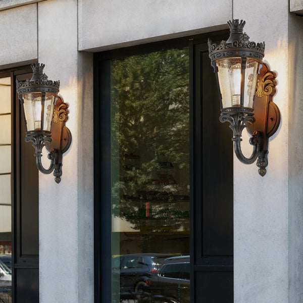 English Elm 21"(H) Vintage Outdoor Wall Lantern Coffee+Golden, Waterproof Aluminum & Clear Glass Sconce, E26 Hard-Wired Elegance for Patio Entryway Garden W2312P411862