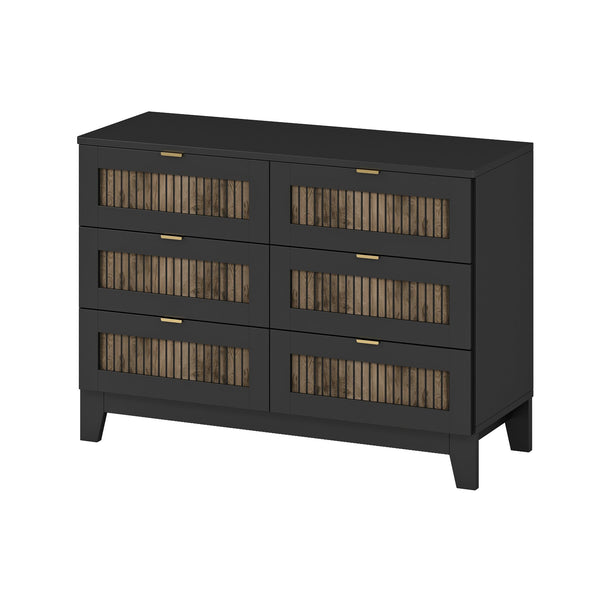 English Elm Rustic Farmhouse Wooden Dresser with 6 Drawers and Metal Handles — Spacious Storage, Stylish Bedroom Accent Black 52.17 L x 18.5 W x 11.81 H WF530908AAB
