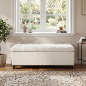 English Elm Ottoman Storage Bench Boucle Tufted Upholstered with Rubberwood Legs Bedroom Entryway N779P369512W