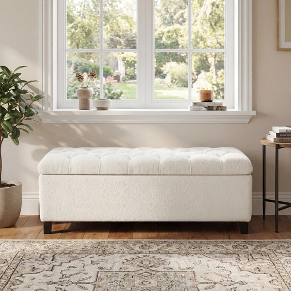 English Elm Ottoman Storage Bench Boucle Tufted Upholstered with Rubberwood Legs Bedroom Entryway N779P369512W