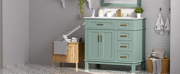 English Elm 36" Green Modern Bathroom Vanity with Ceramic Sink, 4 Soft-Close Drawers & Doors, Solid Wood Build N729P253935F