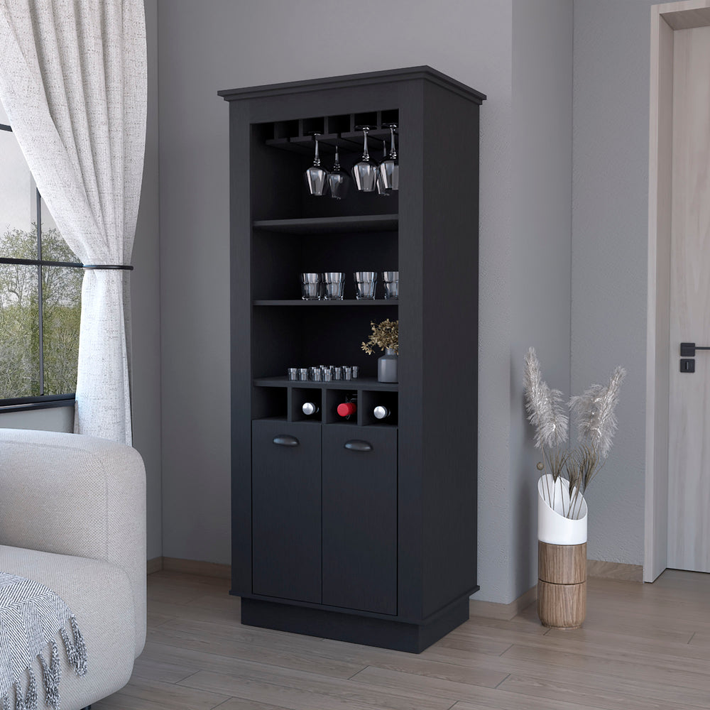 English Elm Hampton Tall Bar Cabinet with Wine Rack Glass Holder and Enclosed Storage Shelves B128S00226