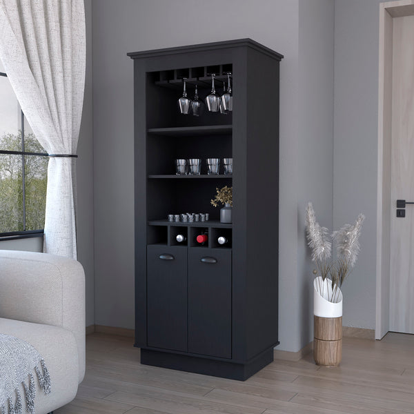 English Elm Hampton Tall Bar Cabinet with Wine Rack Glass Holder and Enclosed Storage Shelves B128S00226