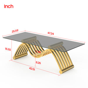 English Elm 47" Rectangle Modern Coffee Table With Ripple Glass Top, Gold Stainless Steel Frame, Easy Assembly W2978S00015