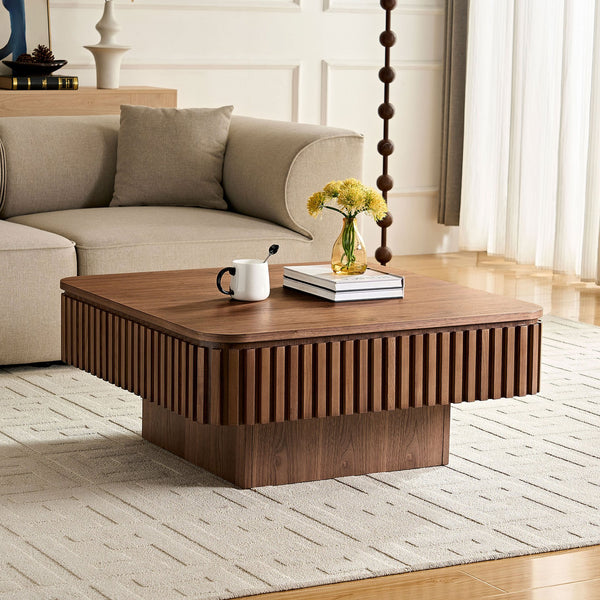 English Elm 35.43 Inch Round Drum Coffee Table Wood Veneer Mdf Pedestal Base for Living Room W2582P389135